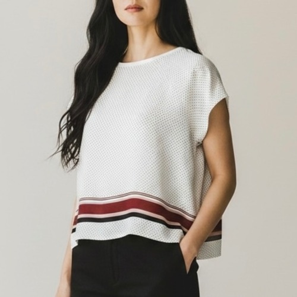 LOFT Womens Small White Polka Dot Striped Border Short Sleeve Blouse Top